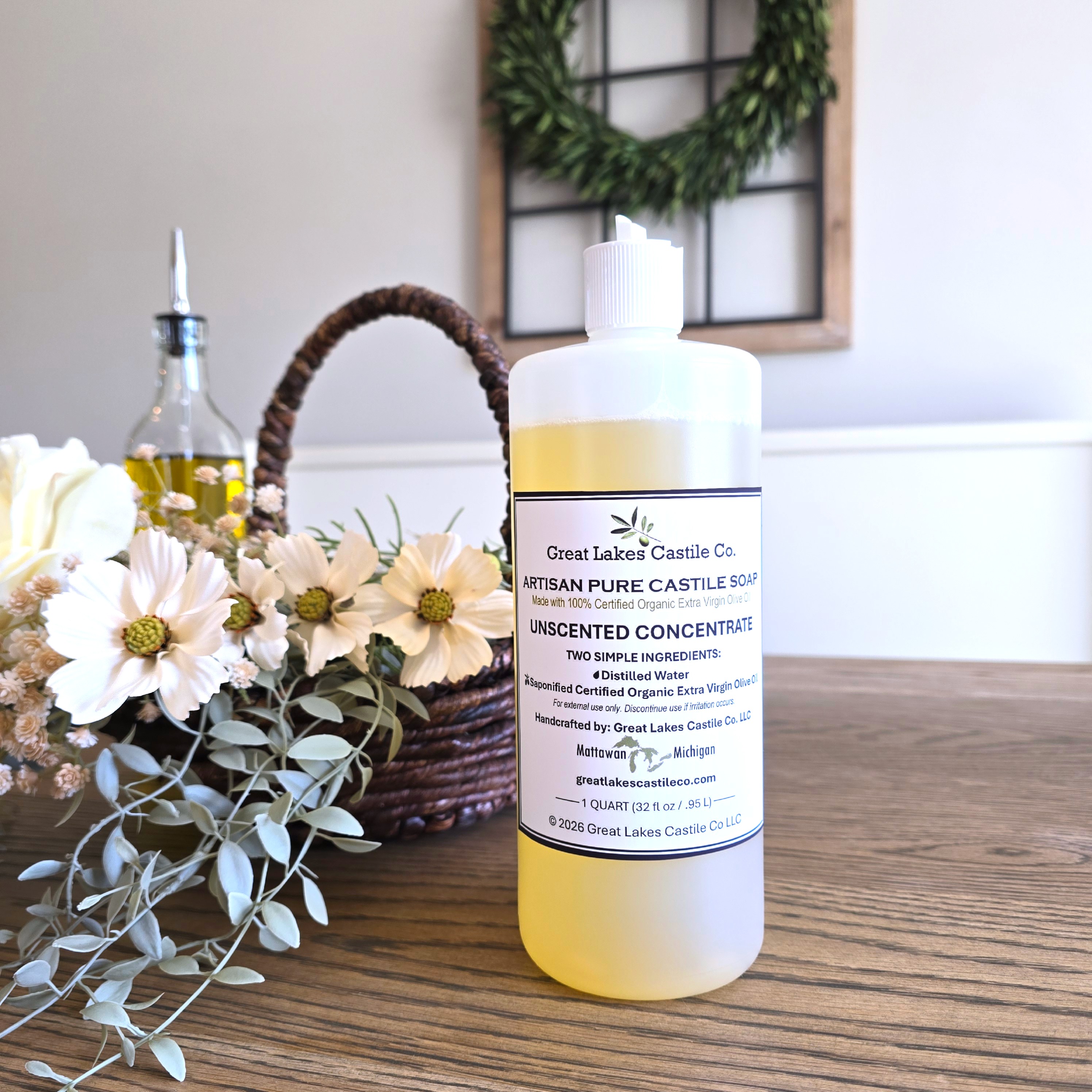 Organic Pure Castile Liquid Soap Unscented Concentrate Made with 100% Certified Organic Extra Virgin Olive Oil - (QUART)
