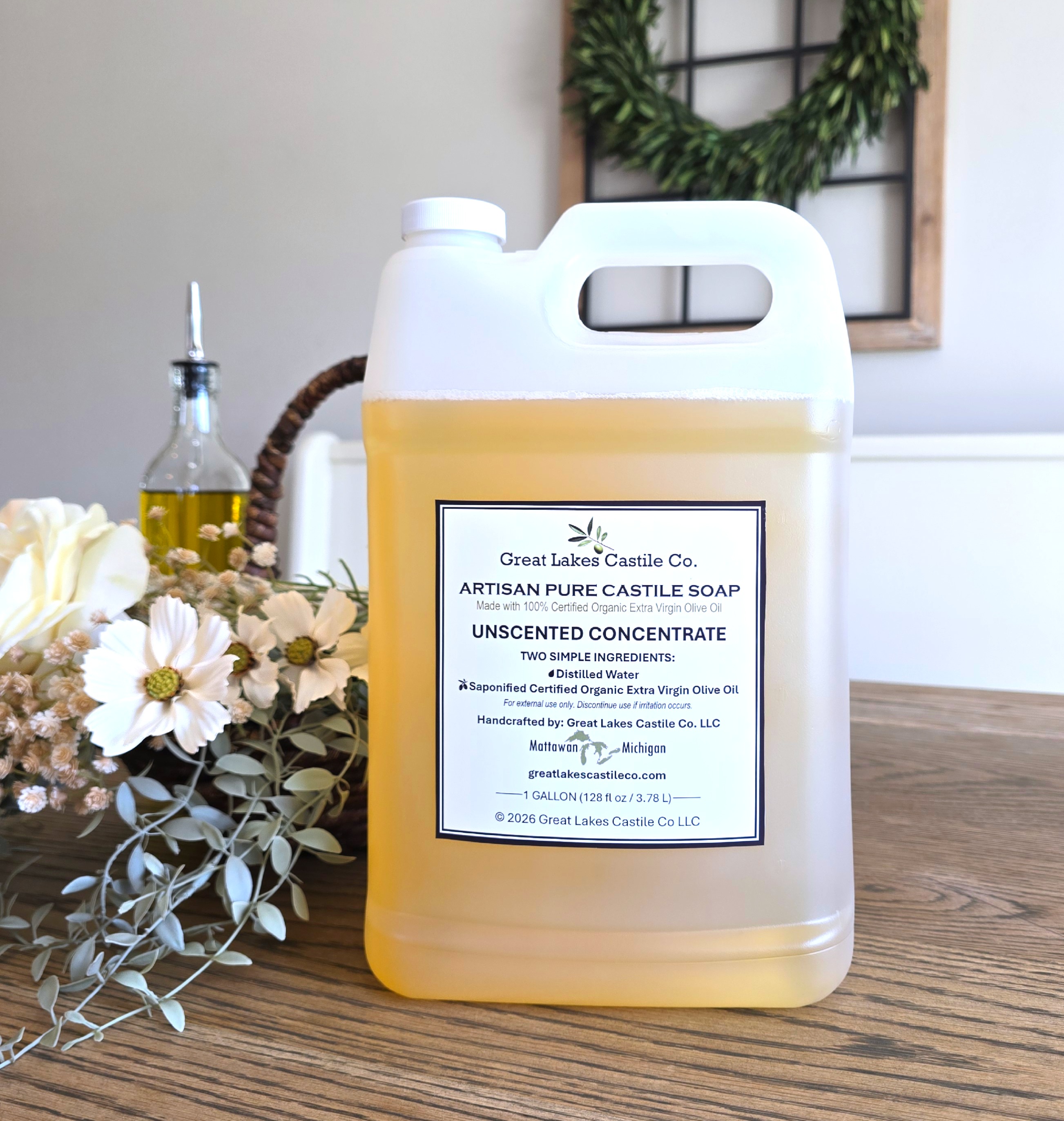 Organic Pure Castile Liquid Soap Unscented Concentrate Made with 100% Certified Organic Extra Virgin Olive Oil - (GALLON)